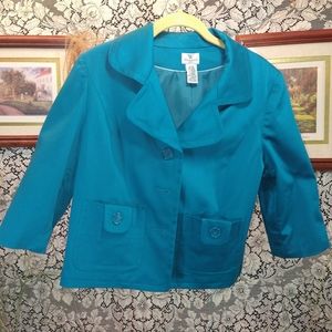 Worthington teal blue cropped 3/4 sleeve jacket lined button up with pockets